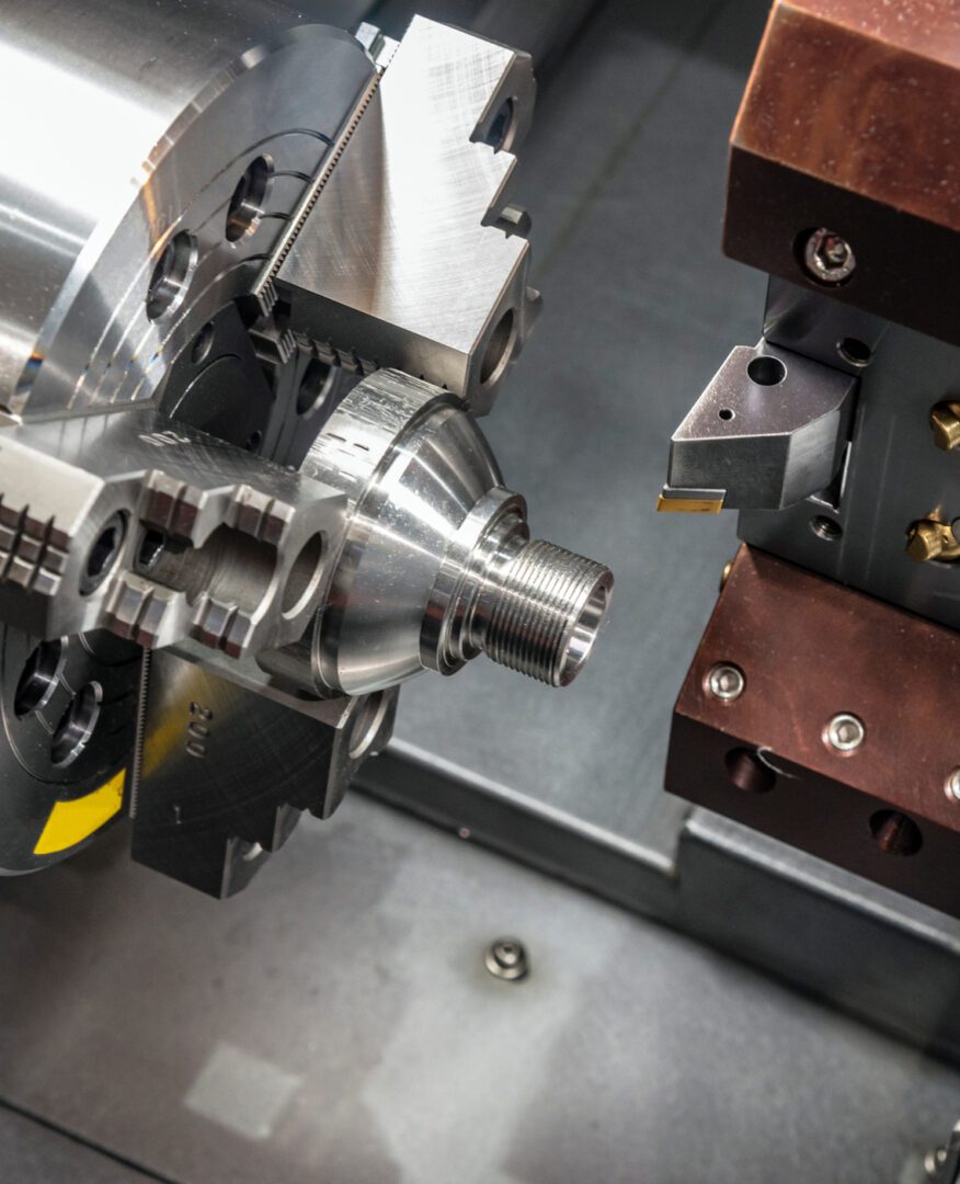 Close-up of a lathe in action